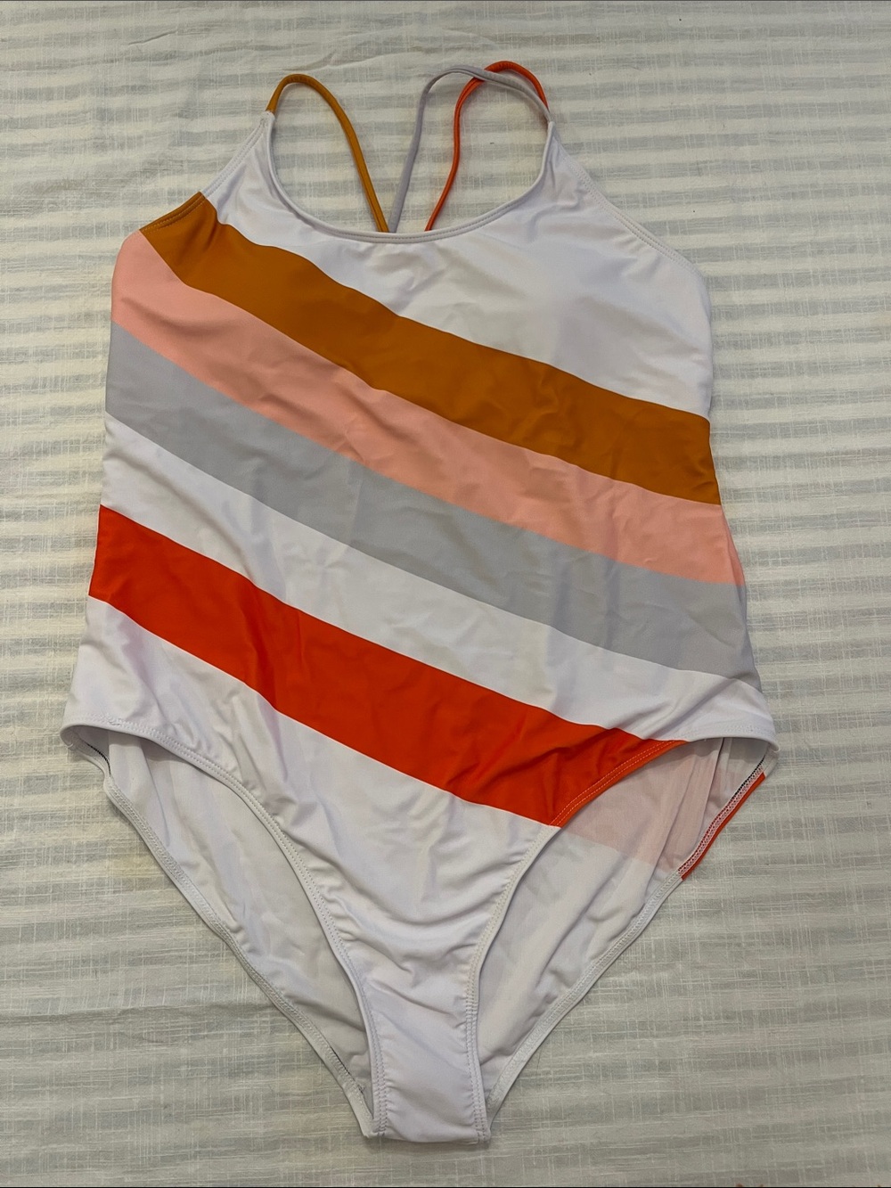 Striped One-Piece Swimsuit in White with Orange, Pink & Gray‎ Stripes